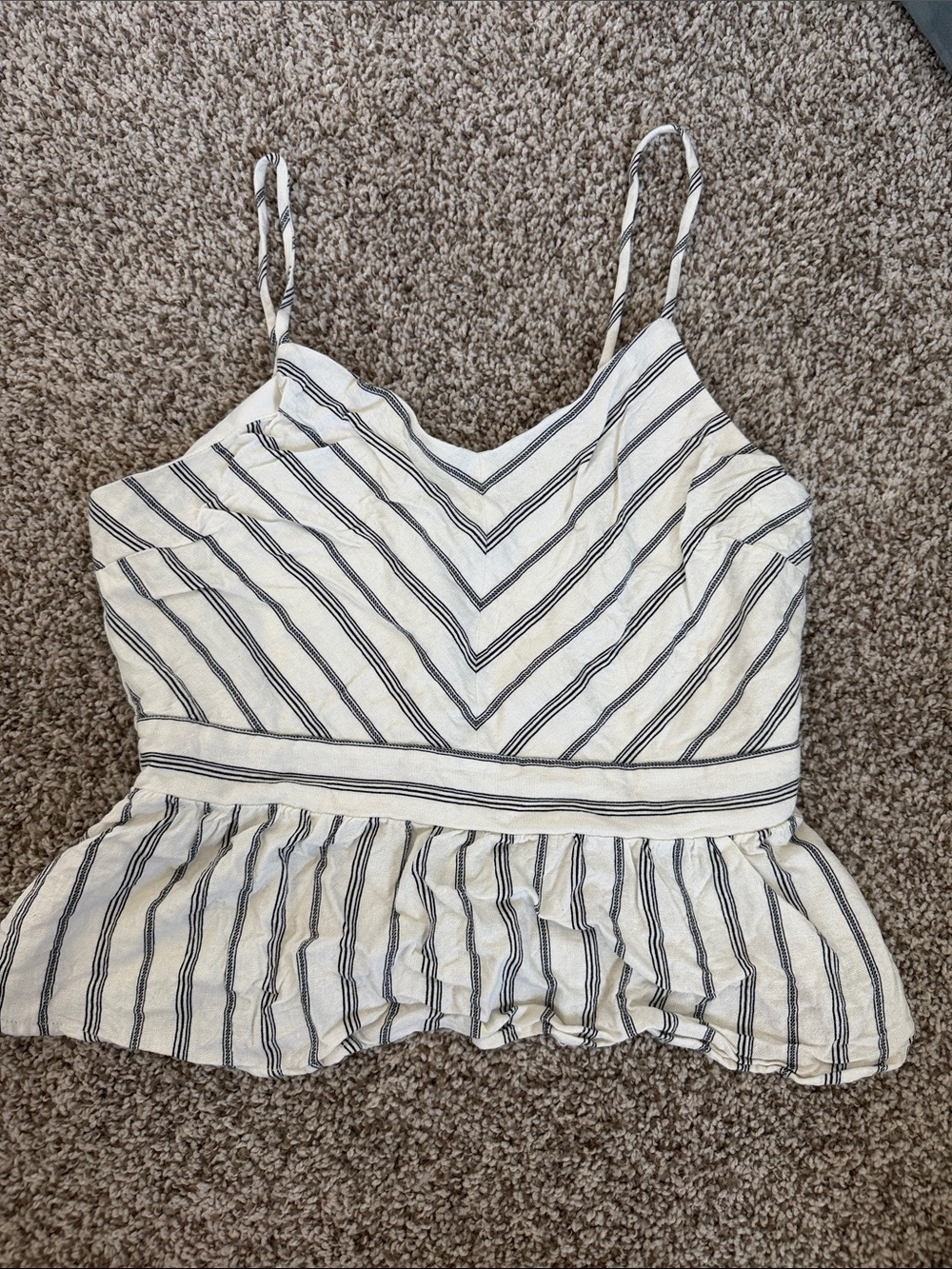Monteau White and Navy SUMMER Striped V-Neck Peplum Cami